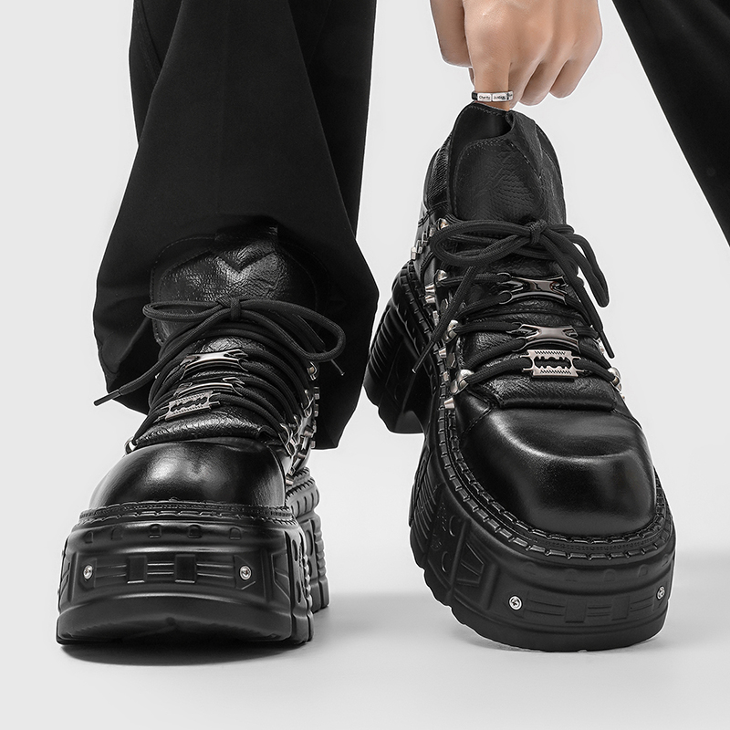 Men'S Shoes Increase Height - รองเท้าบูทสไตล์โกธิคพังก์แบบใหม่สำหรับผู้ชาย แฟชั่นหนังสีดำ พื้นหนา เพิ่มความสูง แบบผูกเชือก สไตล์มอเตอร์ไซค์