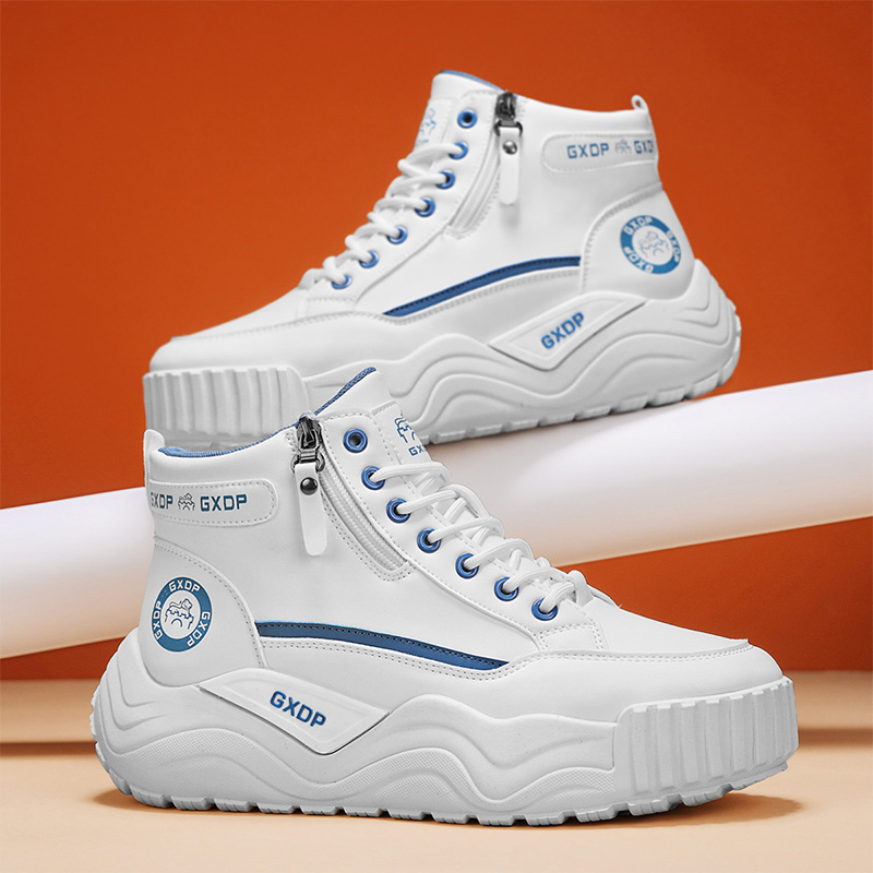 Men'S Shoes Increase Height - รองเท้าเพิ่มความสูงกันลื่นสำหรับผู้ชาย รองเท้าผ้าใบหนังสีขาวทรงหุ้มข้อ พื้นหนา ทนทานต่อการสึกหรอ ใช้งานได้หลากหลาย เหมาะสำหรับใส่ลำลองและเล่นกีฬา